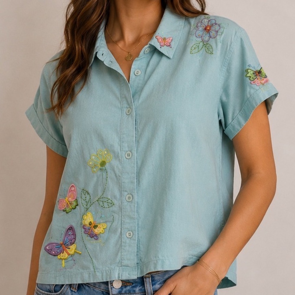 Cre8ions Linen Butterfly Embroidered‎ Button Shirt XL Pastel Cottagecore Top Art